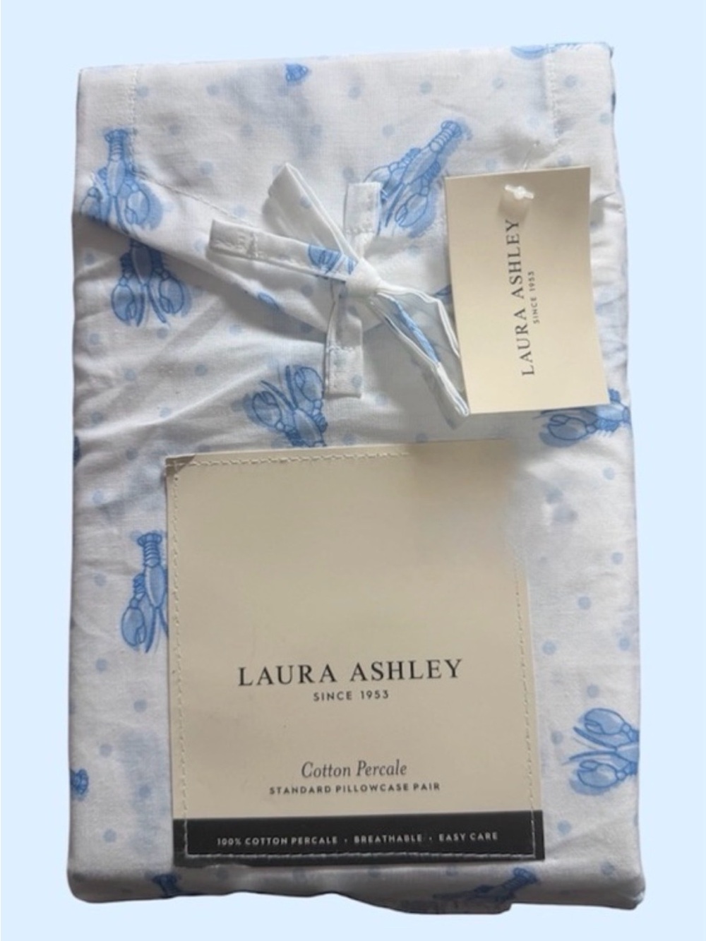 NAUTICAL Laura Ashley Lobster Poka Dots Light Blue & White Pillowcases ~ NWTs